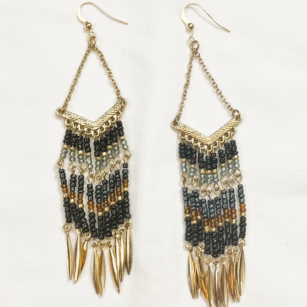Black & Gold Beaded Dangle Earrings 3” Long Boho